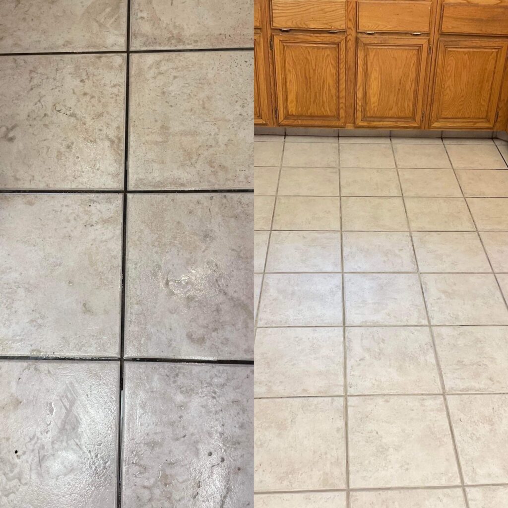 Immaculately cleaned tile floor showcasing pristine surfaces and meticulously restored grout lines, adding elegance and sophistication to any room