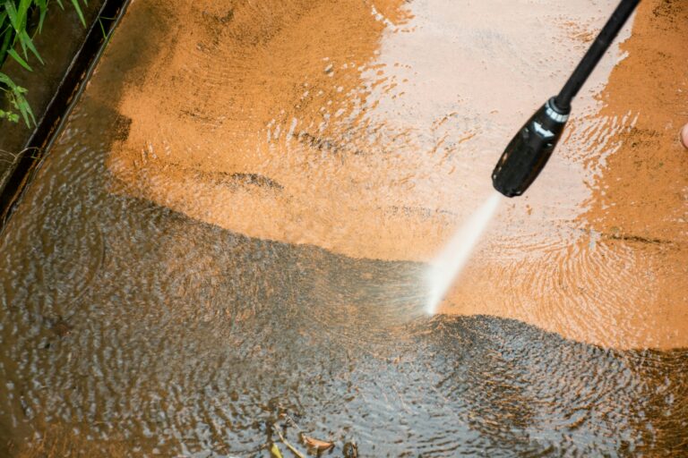 Cleaning backyard with pressure washer clelaner. Spring clean up